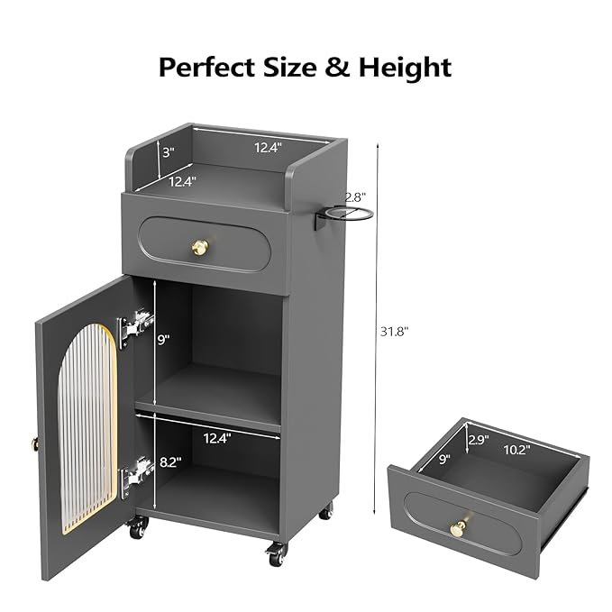 OmySalon Salon Cart with Wheels, 3-Tier Rolling Beauty Cart with Glass Door & Dryer Holder, Mobile Hair Styling Station for Barber, Spa, Esthetician, Nail & Tattoo Artists, Lockable Storage, Grey