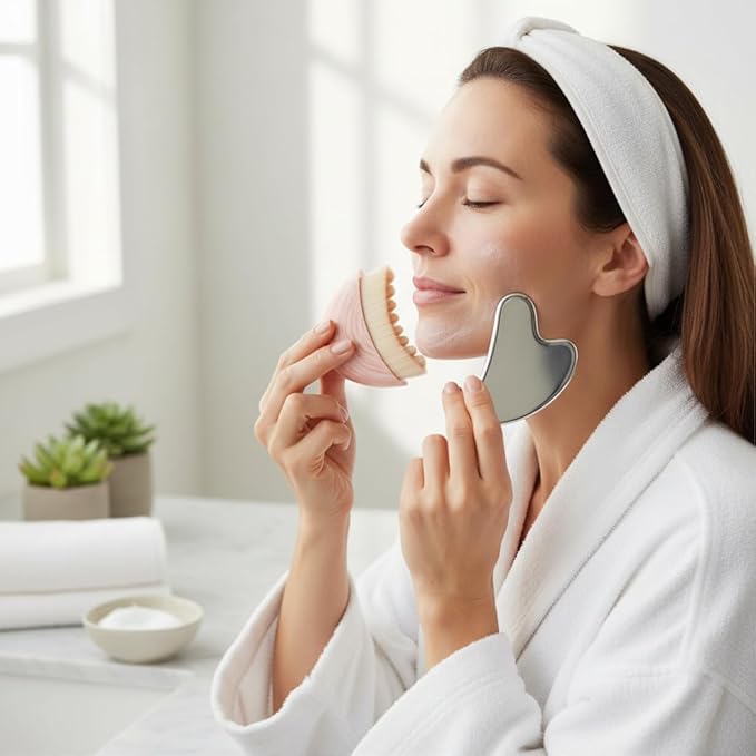 Lymphatic Contour Face Brush with Stainless Steel Gua Sha Tool - Lymphatic Face Brushes with GuaSha Tool | Gua Sha Facial Tools | Lymphatic Drainage Massager Face Brush for Sculpting