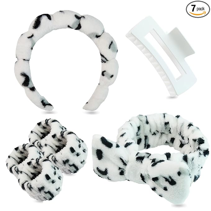 7 Pcs Spa Set, Facial Headband and Wristband Set, Skincare Accessories, College Style Girl Idea Gifts, Hair Accessories for Women and Girls（ Black White Leopard Print ）
