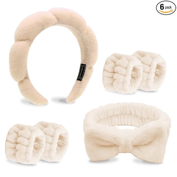 Khaki Spa Headband and Wristband Set-Headband for Washing Face Sponge Skincare Headbands Makeup Headbands for Women Girls Cute Bow Skin Care hairband Soft Bubble Face Wash Head band for Women