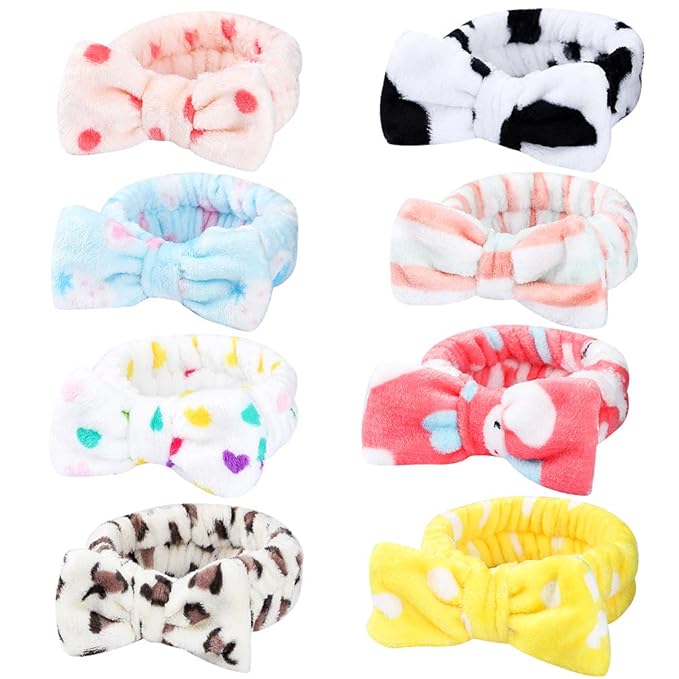 Hishexin 8 Pack Spa Headbands for Women, Soft Bow Skincare Headband for Washing Face, Skincare, Salon & Makeup, Bulk Spa Party Favors, Ideal Christmas Gifts or Stocking Stuffers for Teen Girls