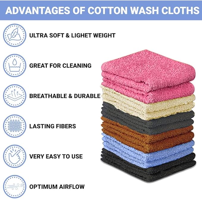 QUBA LINEN 100% Cotton Washcloth Set 24 Packs – Soft, Absorbent Face Towels for Bathroom & Gym Use – Reusable, Durable & Machine Washable Wash Cloths - Multi-Color, 12x12 Inches