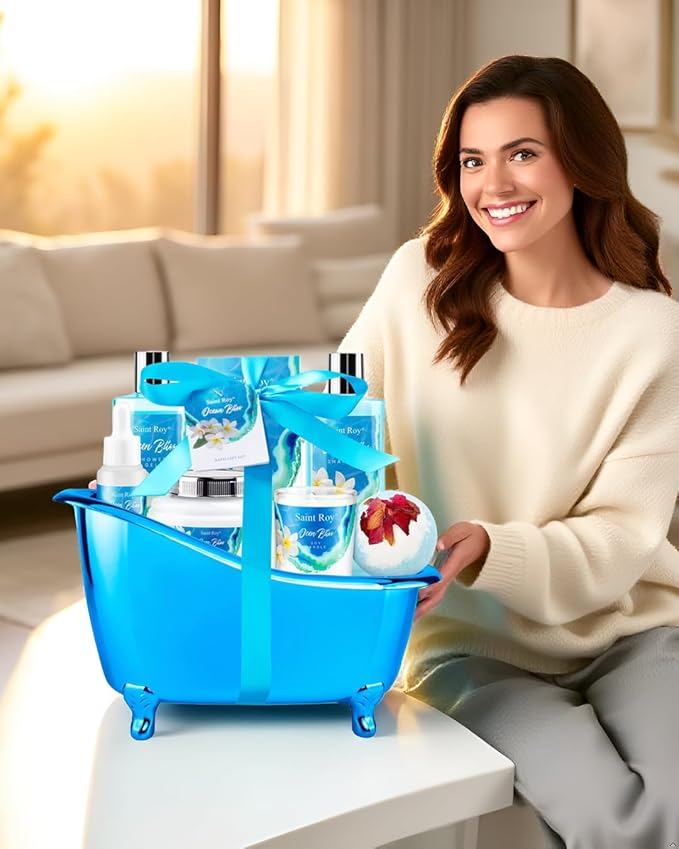 Mothers Day Gifts for Women Bath & Body Gift Set, Bath Basket Spa kit Gifts for Her Him Birthday Gift for Woman, Self-care Home Spa Kit, 8pcs Christmas Gift for Women Ocean Vanilla, Spa Gift Baskets