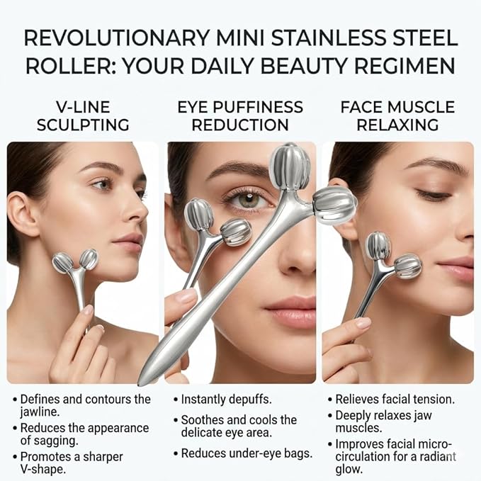 Stainless Steel 3D Face Roller Metal Facial Massager Face Sculpting Gua Sha Facial Tools for Eye Skin Care Reducing Puffiness Double Chin Reducer Facial Roller and Guasha Tool for Face Anti-Wrinkle