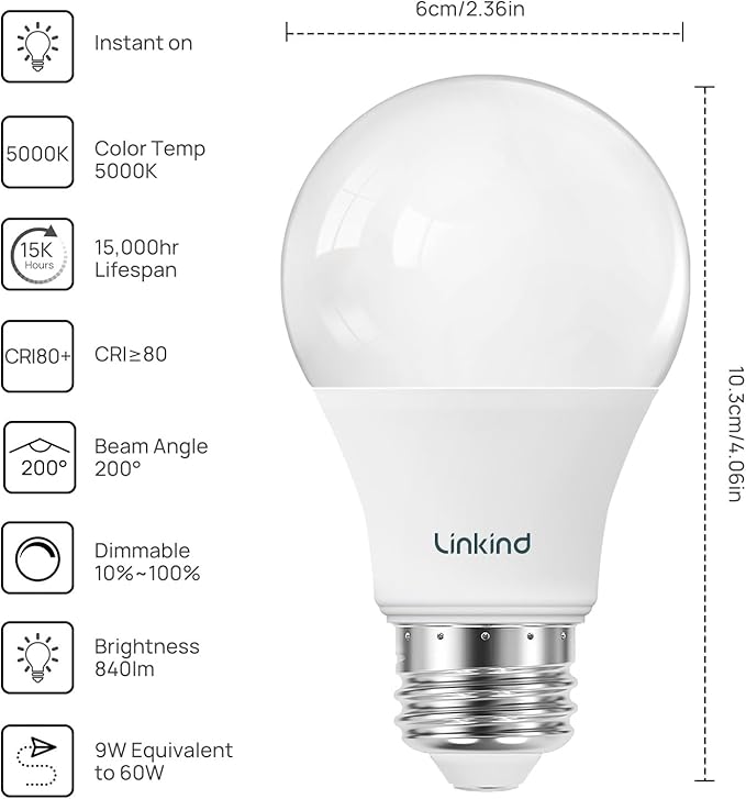 Linkind A19 LED Light Bulbs Dimmable, 60W Equivalent Light Bulbs, 9W, 5000K Daylight, 840 Lumens LED Bulbs, E26 Standard Base, 120V, Lighting for Bedroom Living Room Home Office, 12 Packs
