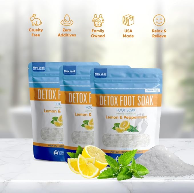 Detox Foot Soak (3 Pack) Epsom Salt Soothing Soaks and Athlete's Foot Detox with Essential Oils in BPA Free Pouch with Press Lock Seal (Bundle with Three 2 Lbs Pouches 6 Lbs Total)