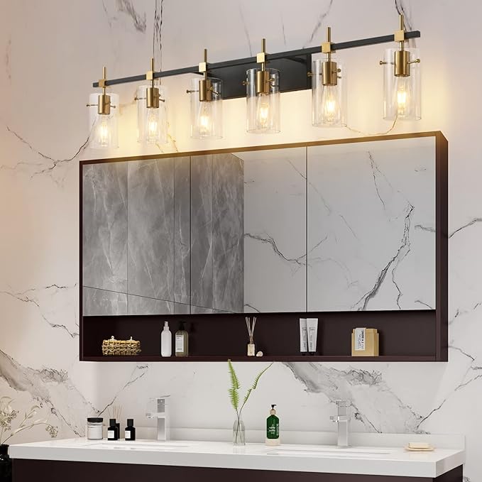 SOLFART 49.2 inch Vanity Light fixtures Vintage 6 Lights Wall Light Fixtures Above Mirror for Bathroom Brass and Black with Clear Glass Shade (Exclude Bulb)