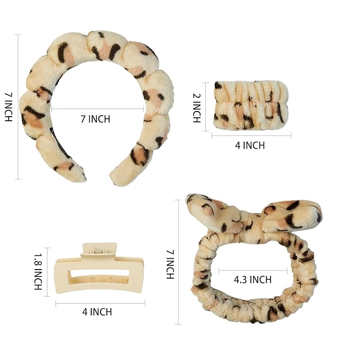 7 Pcs Spa Set, Facial Headband and Wristband Set, Skincare Accessories, College Style Girl Idea Gifts, Hair Accessories for Women and Girls（Leopard）
