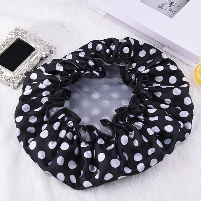 Polka Dot Shower Caps for Women Reusable Waterproof Satin Lined Bathing Caps for Braids Long Short Hair Cap for Shower Bath Large Polka Dots Foldable Travel Showering Cap for Women Men Vintage Fashion
