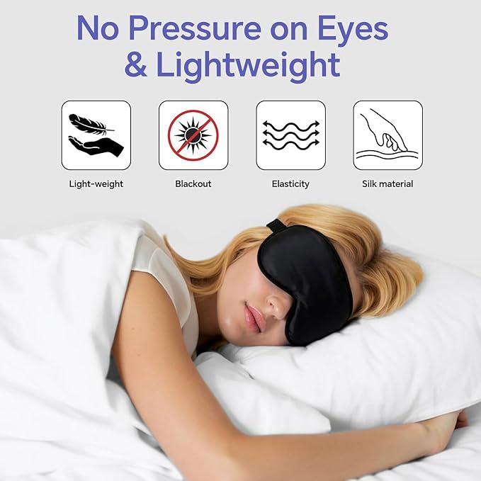 Silk Sleep Mask – 2 Pack Silk Eye Mask for Sleeping, Adjustable Strap, 100% Blackout, Soft Travel & Home Sleep Shade Cover for Women & Men (Black & Black)
