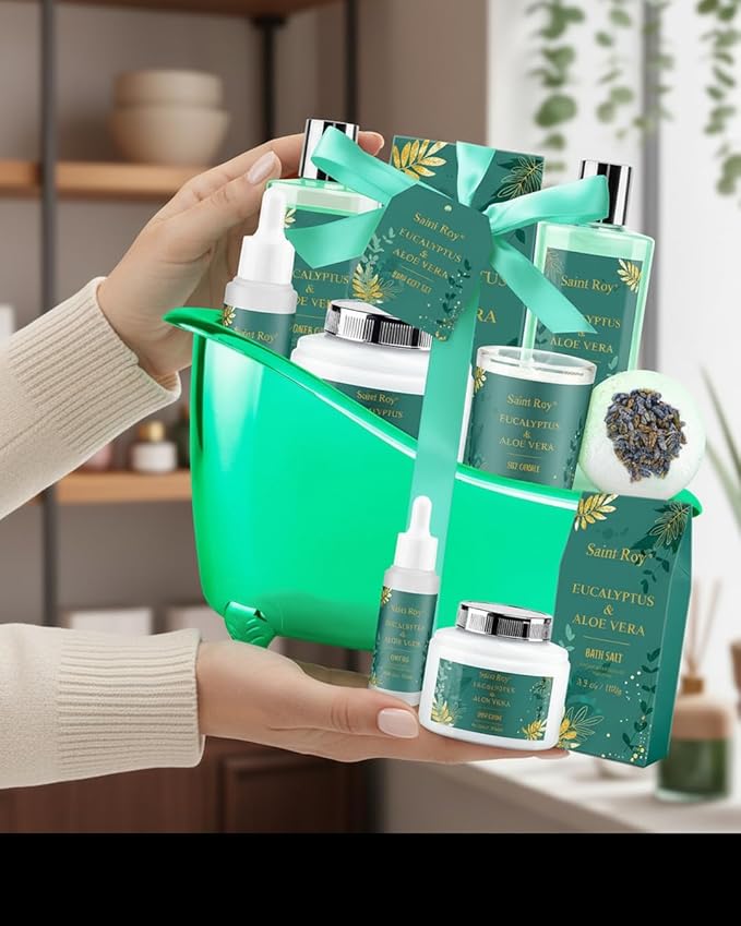 Mother day Spa Gift Basket, bath and body Basket, Christmas Gifts for Women Her him, Bath Baskets for Women, 8 pcs Eucalyptus Aloe Spa shower gift, Birthday Gifts bath kit, Self Care Bath Gift Set