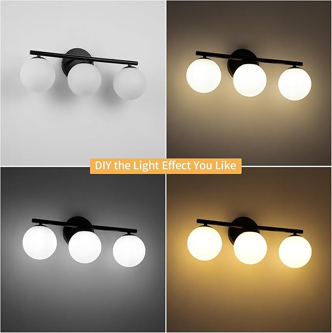 Black Globe Bathroom Light Fixtures 3-Light Vanity Light with Plastic Milk White Globe Shades 11.81 inch Wall Sconce Lighting Over Mirror, Vanity Lights for Bathroom Bedroom Hallway