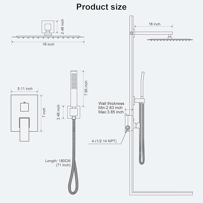 FPXRNG Black Shower Faucet Set, Rainfall Shower System with Square Shower Head and Handle Set, Wall Mounted Shower Fixtures, Full Metal Trim Repair Kit 16 inch Matte Black (With Shower Valve)
