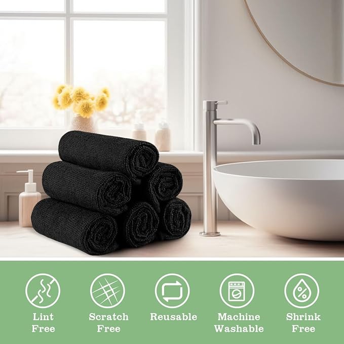 UNIMADE Washcloths Bulk - 10 Pack - Face Towels (12" x 12"), Highly Soft Wash Cloths and Hand Towels, Fast Drying Multi-Purpose Microfiber Cleansing Cloths for Bathroom, Hotel, Spa, and Salon - Black