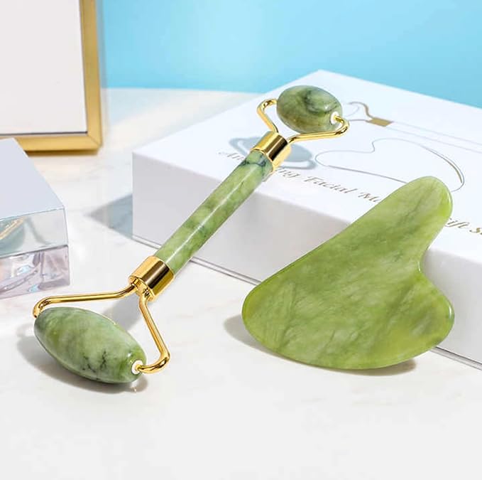Premium Jade Roller with Gua Sha Set, Natural Green Jade Stone, Gold Metal Handle, Face Massage Tool for Facial Sculpting, Puffiness Reduction, Skin Tightening