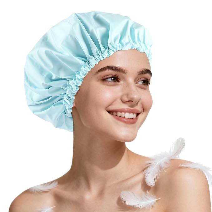 Years Calm Shower Cap for Women Waterproof Reusable – 27g Ultra Lightweight Double-Layer Shower Bonnet, Secure Fit for Long, Curly Hair, Travel & Spa (Blue)
