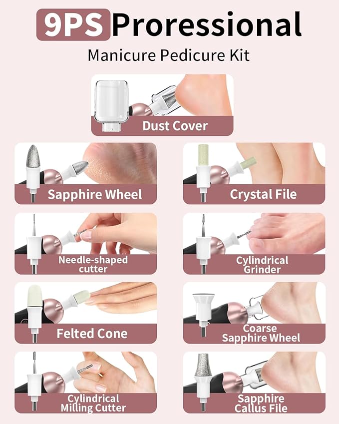 Professional Manicure Pedicure Kit, Cordless Electric Nail File Set, Rechargeable Pedicure Tools for feet, 5 Speeds Hand Foot Care Nail Drill for Thick Nail Toenail Cuticle Women Men Baby Pets