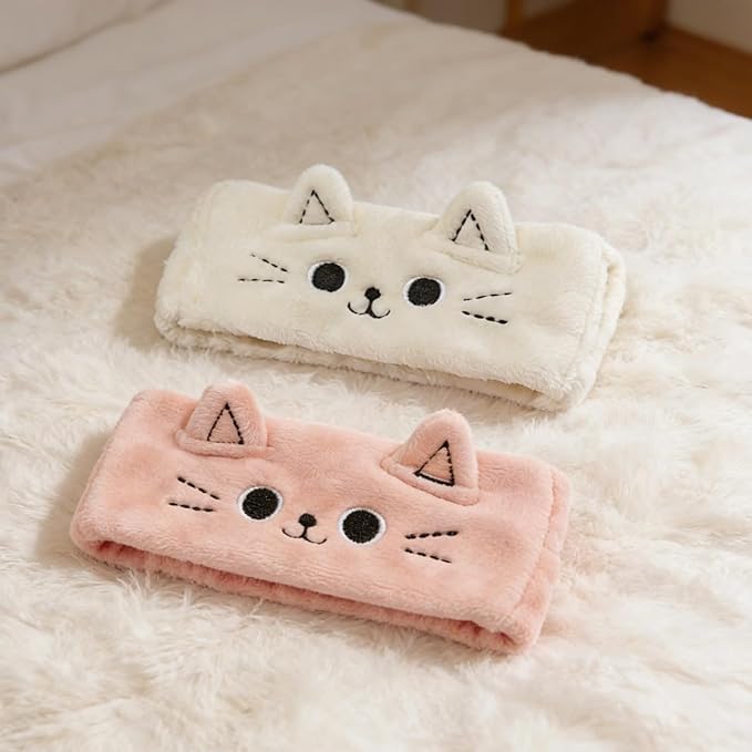 2 PCS Cute Cat Ear Spa Headband For Washing Face, Skincare Makeup Headbands For Women, Soft Coral Fleece Hair Accessories (Beige+ Pink)