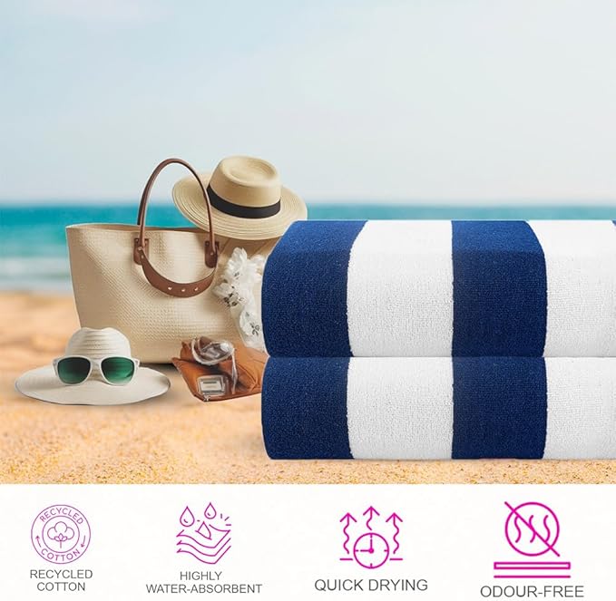 CASA COPENHAGEN Cabana Towels 2Pcs Cobalt Blue Designer Stripe Beach Bathsheet Towels Gift Set, 35"x70" Oversized 100% Cotton Pool Bath Sheet Gift Set (Perfect Summer Gift Set for Women & Men)