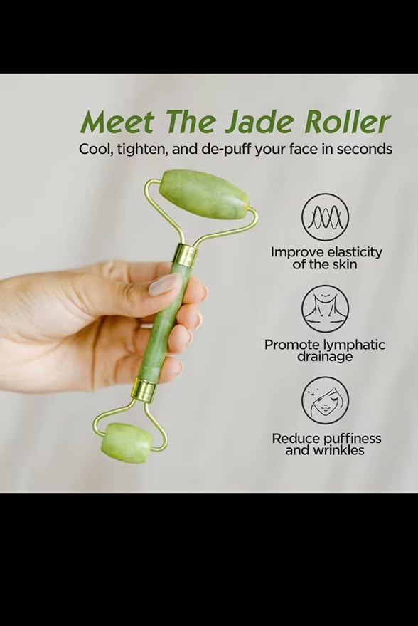 Jade Roller and Gua Sha Set, Natural Green Stone Facial Massage Tools with Gold Accents, 2-Piece Beauty Kit