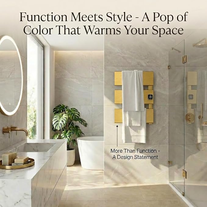 Electric Towel Warmer, Heated Towel Rack with Thermo Control and Timer, Fast Heating Towel Rail for Bathroom with Memroy Function, Work with Smart Plug, Right-Wiring, 3 Panel, Gold