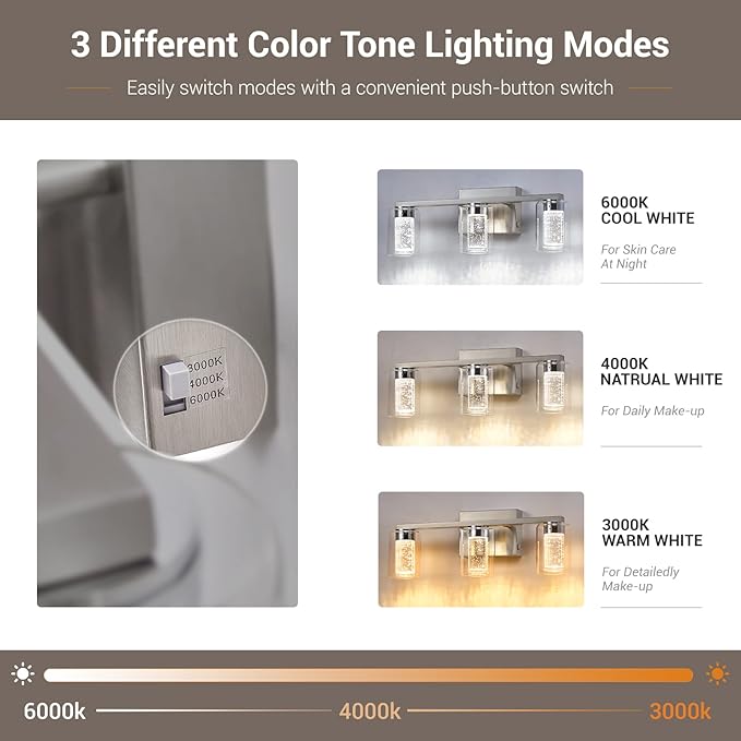 Bathroom Light Fixtures, 3 Light Brushed Nickel Bathroom Vanity Light over Mirror, 3 Color LED lights with Crystal Bubble and Clear Glass, White/Neutral/Warm Light Dimmable Wall Sconce Lighting