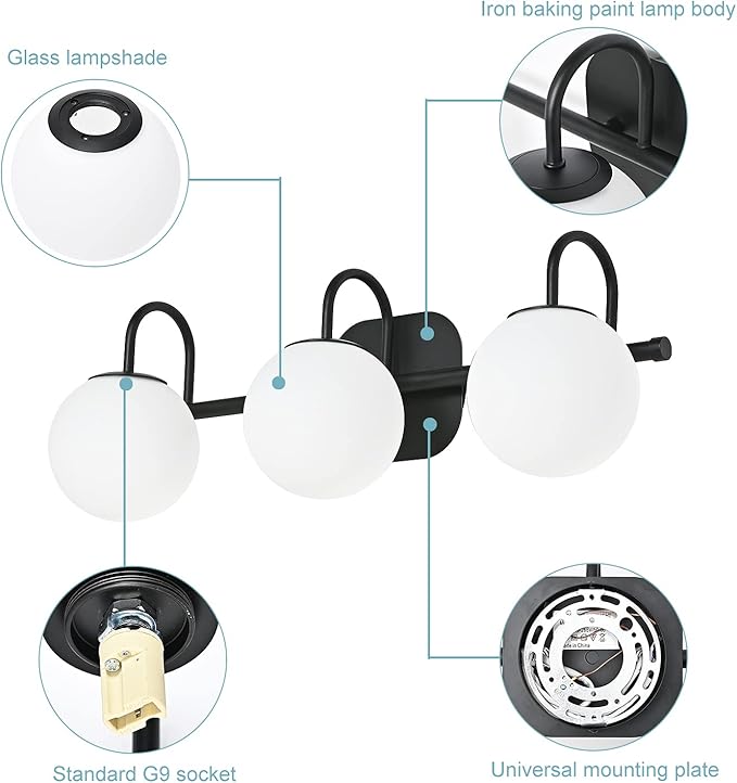 Modern Black Bathroom Vanity Light Fixtures 3 Lights Frame and Milk White Glass Globe Shade Modern Wall Sconce Lighting Bath Vanity Lights Bar Over Mirror (Exclude G9 Bulb)