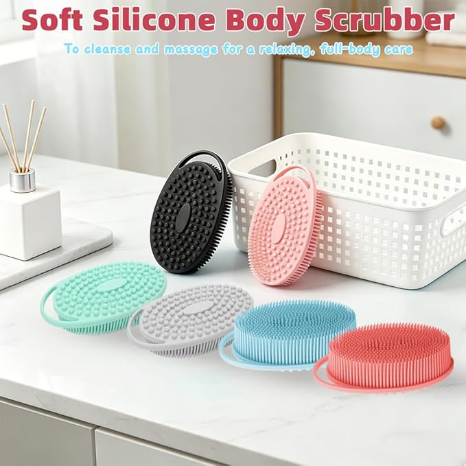 Silicone Body Scrubber 3 Pack Silicone Loofah Exfoliating Body Scrubber Soft Silicone Shower Brush with Handle Double Sided Bath Body Brush for Women Men Cleaning Massage Sensitive Skin, Lather Well