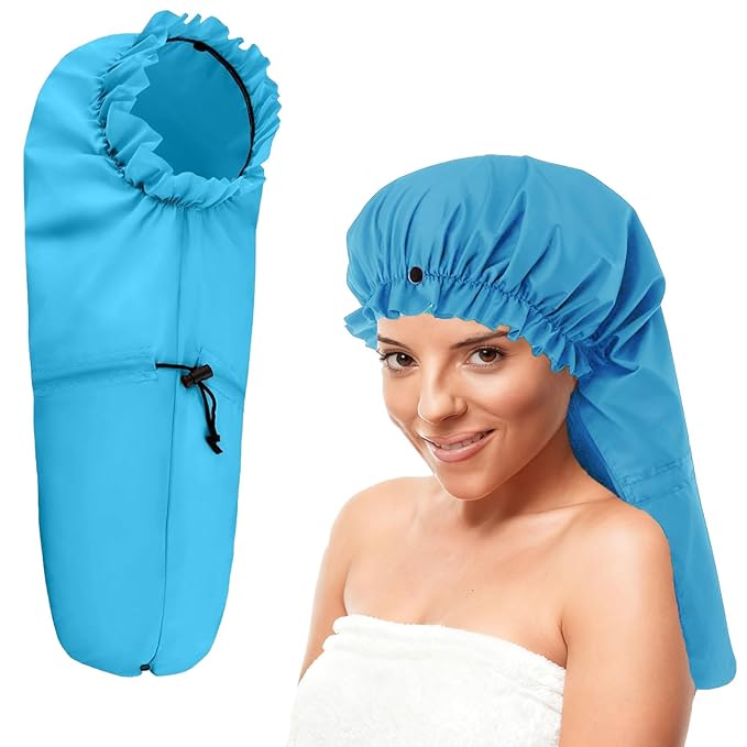 ELEBOX Extra Large Shower Cap for Braids/Curly Hair/Dreadlock | Reusable Waterproof Long Bonnets for Women Bath/Swim/Cooking/Cleaning/Spa | XL Bathing Cap with Adjustable Drawstring & Button, Blue