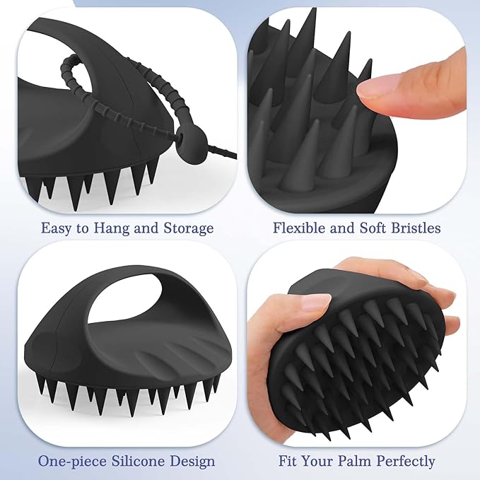 Manmihealth Large Hair Scalp Scrubber, One-piece Silicone Scalp Massager for Wet Dry, Long Bristles Shampoo Brush for Dandruff Removal and Hair Growth with Free Strap&Hook.(Style 2 Black)