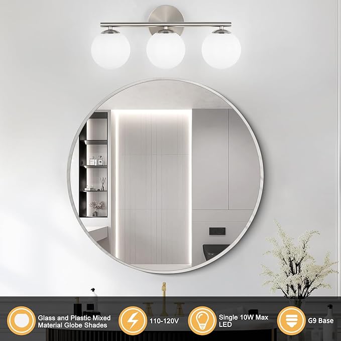 Brushed Nickel Bathroom Light Fixtures 3-Light Globe Vanity Light with Plastic Milk White Globe Shades 11.81 inch Wall Sconce Lighting Over Mirror Vanity Lights for Bathroom Bedroom Hallway