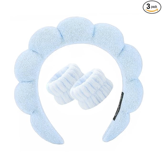 Spa Headband and Wristband Set for Women,Terry Cloth Sponge Headband for Washing Face,Makeup,Facial Mask and Skincare (Blue, One Size)