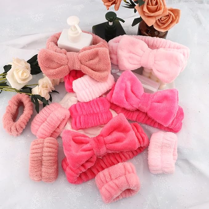 AOPRIE SPA Headbands for Washing Face Makeup Headbands with Bow Hair Band Women Facial Head Band Laurel Wrist Towel Wraps For Shower Face Mask Red Pink, 12 Pack
