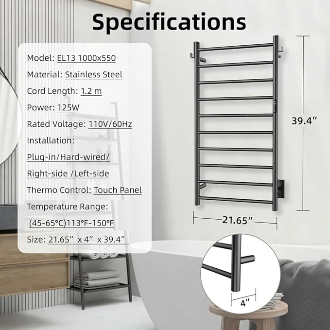 P&Dlusir Towel Warmer, Heated Towel Rack with Smart Timer and Thermo Control, Wall-Mounted Heated Towel Rail, Stainless Steel, Hard-Wired/Plug-in, Matte Black, 10 bar