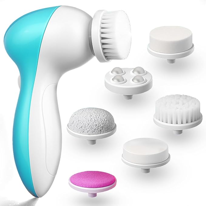 Facial Cleansing Brush Face Scrubber, 7-in-1 Electric Spin Cleanser Brushes with 6 Brush Heads for Deep Cleansing, Gentle Exfoliating, Removing Blackheads, Massaging (White & Aqua Blue)