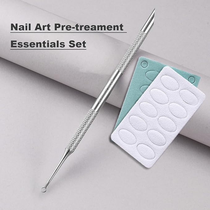 Pre-treatment Cuticle Pusher, Russian Prep Nail Pushers, Dual Ended Cuticle Remover with 100/180 Grit Sandpaper Sheets, Nail Care for Manicure Pedicure Nail Art