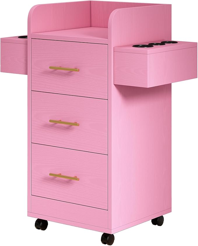 4ever2buy Rolling Salon Station for Hair Stylist, Salon Trolley Cart with with Wheels, Hair Stylist Beauty Barber Station, 6 Hair Dryer Holders & 3 Drawers, Pink and Gold