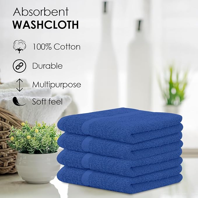 Avalon Towels Cotton Washcloths 24-Pack – 12 x 12 Inch Blue Super Soft & Absorbent Ring-Spun Cotton Wash Cloths for Face, Bath, Spa, Gym, Hotel & Cleaning