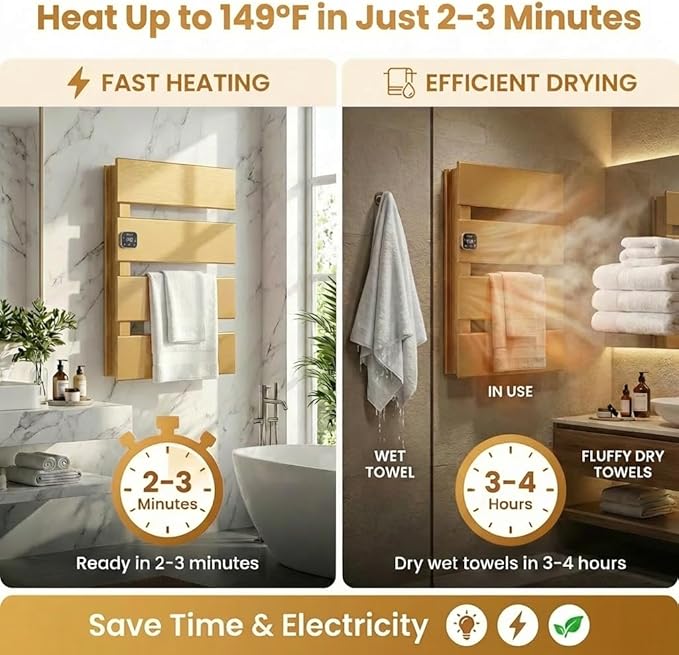 Electric Towel Warmer, Heated Towel Rack with Thermo Control and Timer, Fast Heating Towel Rail for Bathroom with Memroy Function, Work with Smart Plug, Left-Wiring, 4 Panel, Gold