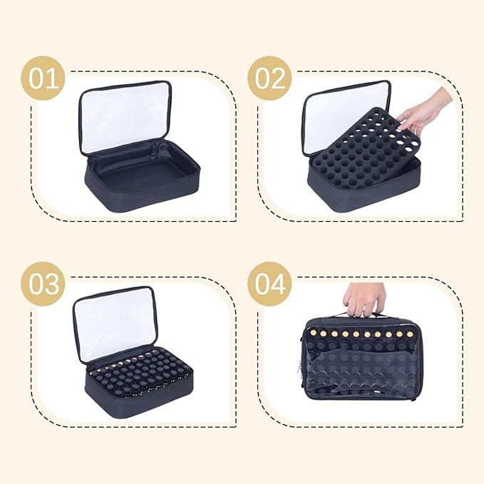 Essential Oils Carrying Case Holds 60 Grids for 1-3ML Roller Bottles 5ml, 10ml, 15ml Bottles Storage Organizer Bag Transparent, Essential Oil Bag with Detachable Sponge Pad Black