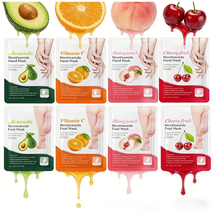 8 Piece At-Home Hand & Foot SPA Hydrating Mask Set (4 Hand + 4 Foot) - Avocado/Vitamin C/Peach/Cherry | Long-Lasting Moisture | Targets Dry Rough Skin | Self-Care Skincare