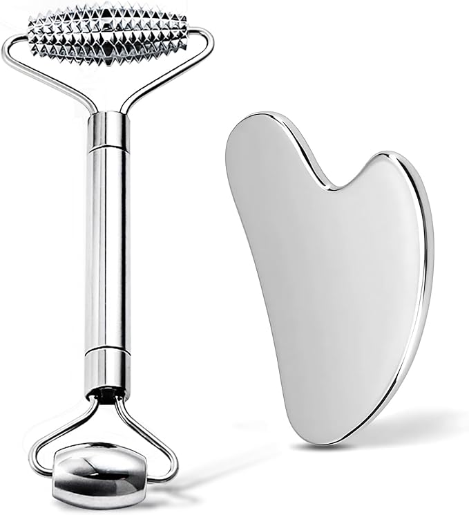Gua Sha & Face Roller, Stainless Steel Gua Sha Facial Tools for Face, Eyes, Chin & Jawline Sculpting, Body Gua Sha Tools with Pouch