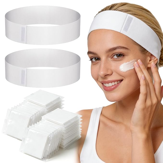 Noverlife 100PCS Disposable Spa Facial Headbands, Elastic Headband Wrap with Adjustable Magic Tape, Stretch Non-Woven Facial Bandeau, Soft Skin Care Essential Headband with Convenient Closure