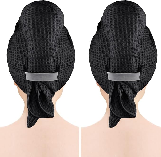 GLIMGLINT 2 Pack Black Microfiber Hair Towel Wrap for Long, Thick, Curly Hair, Super Soft, Fast Drying Waffle Hair Towel Wrap with Elastic Strap 40"X26.5"