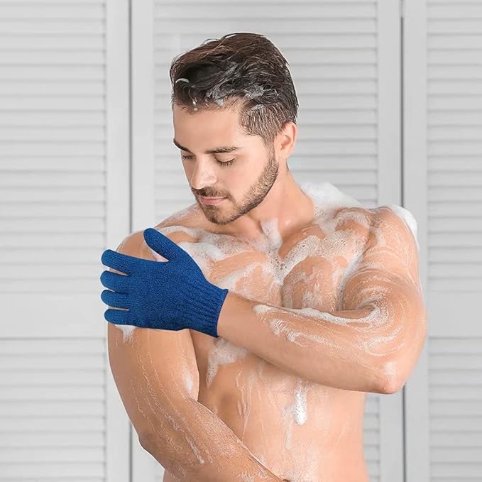 2 Pairs Bath Exfoliating Gloves for Men and Women – CLEEDY 4 Pcs Heavy and Large Exfoliating Gloves Scrubbing for Shower, Spa, Massage - Scrub Exfoliating Mitts for Body, Face, Hand and Foot (Blue)