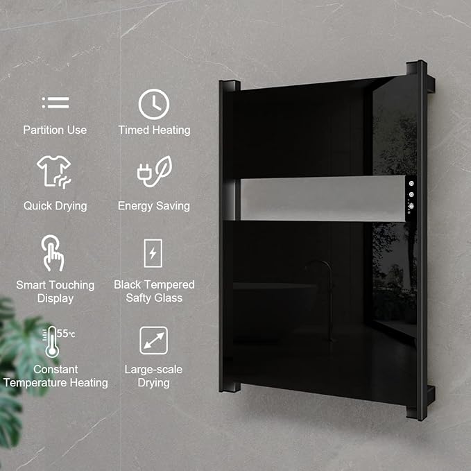 Heated Towel Rack for Bathroom, Towel Warmer with Timer Wall Mounted, Electric Towel Warmer, Bath Towel Heater with Black Tempered Safty Glass, Graphene, Towel Drying Rack- 26.8 x18 inch(Black)
