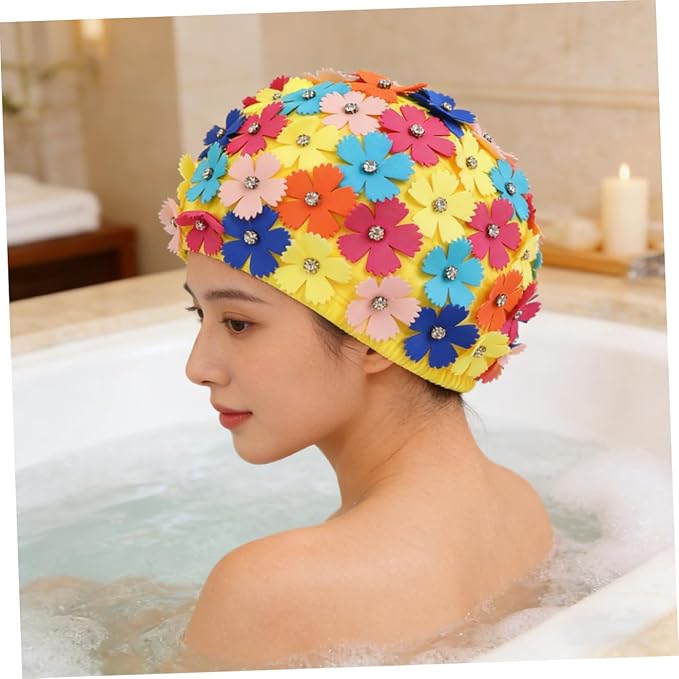 Toyvian Ladies Flower Swimming Cap, Simulation Floral Petal Swim Hat for Women, Rhinestone Bathing Hat for Pool Beach Spa