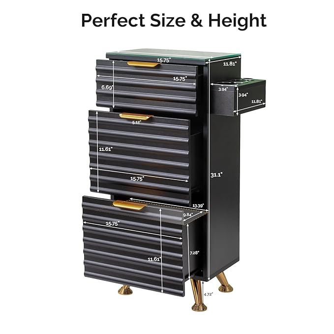 Professional Salon Station with Tempered Glass Top, 3 Drawers Hair Stylist & Barber Storage Cabinet with Heat Resistant Tool Holders, Beauty Spa & Home Organizer, Black