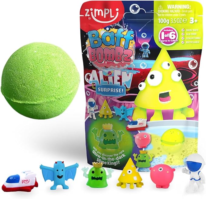 Zimpli Kids Large Alien Surprise Bath Bomb, 1 of 6 Surprise Alien Toys to Collect, One per Baff Bomb, Party Bag Favours, Fillers, Rewards, Stocking Filler Toy for Boys Girls 4 5 6 7 8 9