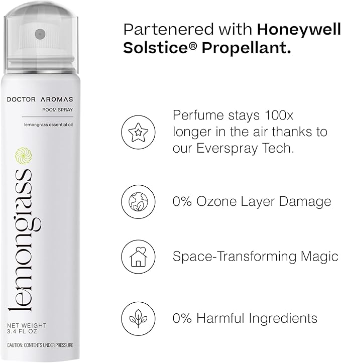 Doctor Aromas Premium Air & Room Spray – 100% Natural Lemongrass Long-Lasting Fragrance for Home, Bedroom or Bathroom – Powered by Everspray Tech (Pack of 2, Lemongrass)